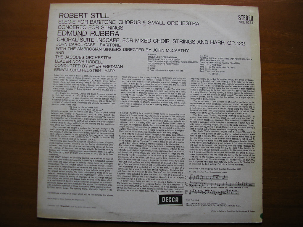 SXL 6281  STILL: ELEGY / CONCERTO FOR STRINGS / RUBBRA: CHORAL SUITE 'INSCAPE'      JACQUES ORCHESTRA /  FREDMAN     ED2