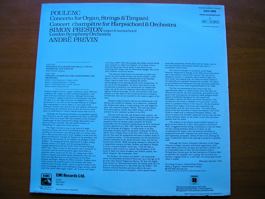 POULENC: CONCERTO FOR ORGAN, STRINGS & TIMPANI / CONCERTO CHAMPETRE     PRESTON / LONDON SYMPHONY / PREVIN      ASD 3489