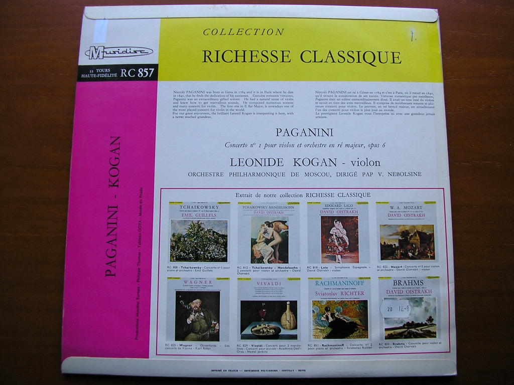 PAGANINI: VIOLIN CONCERTO No. 1    KOGAN / MOSCOW PHILHARMONIC ORCHESTRA / NEBOLSIN   RC 857