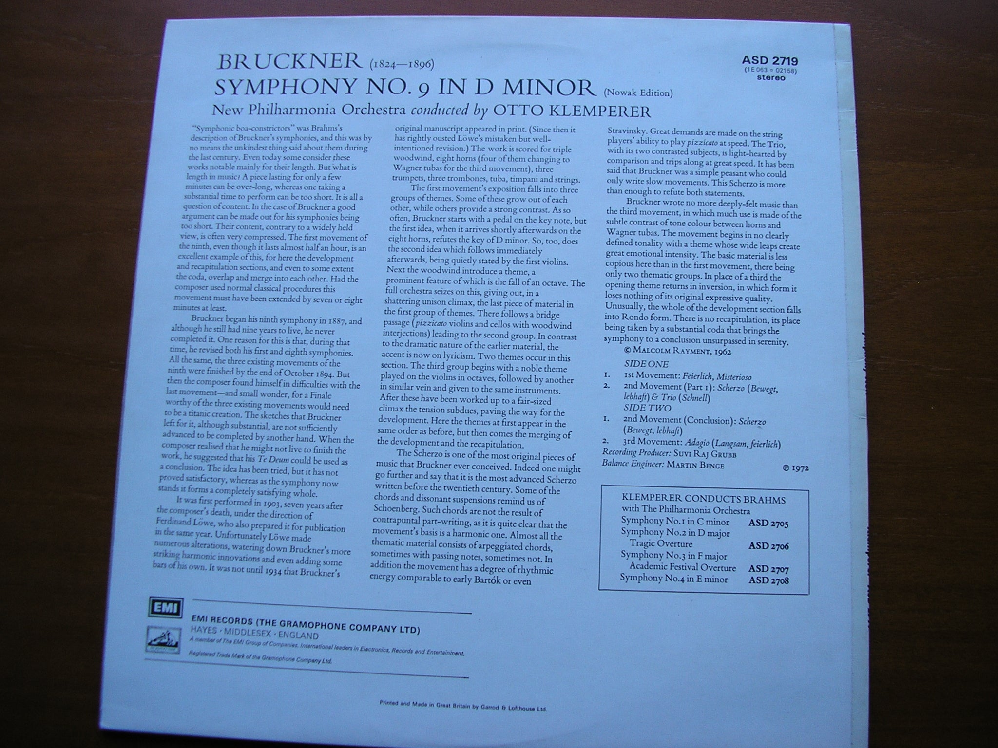 BRUCKNER: SYMPHONY No. 9    KLEMPERER / NEW PHILHARMONIA     ASD 2719