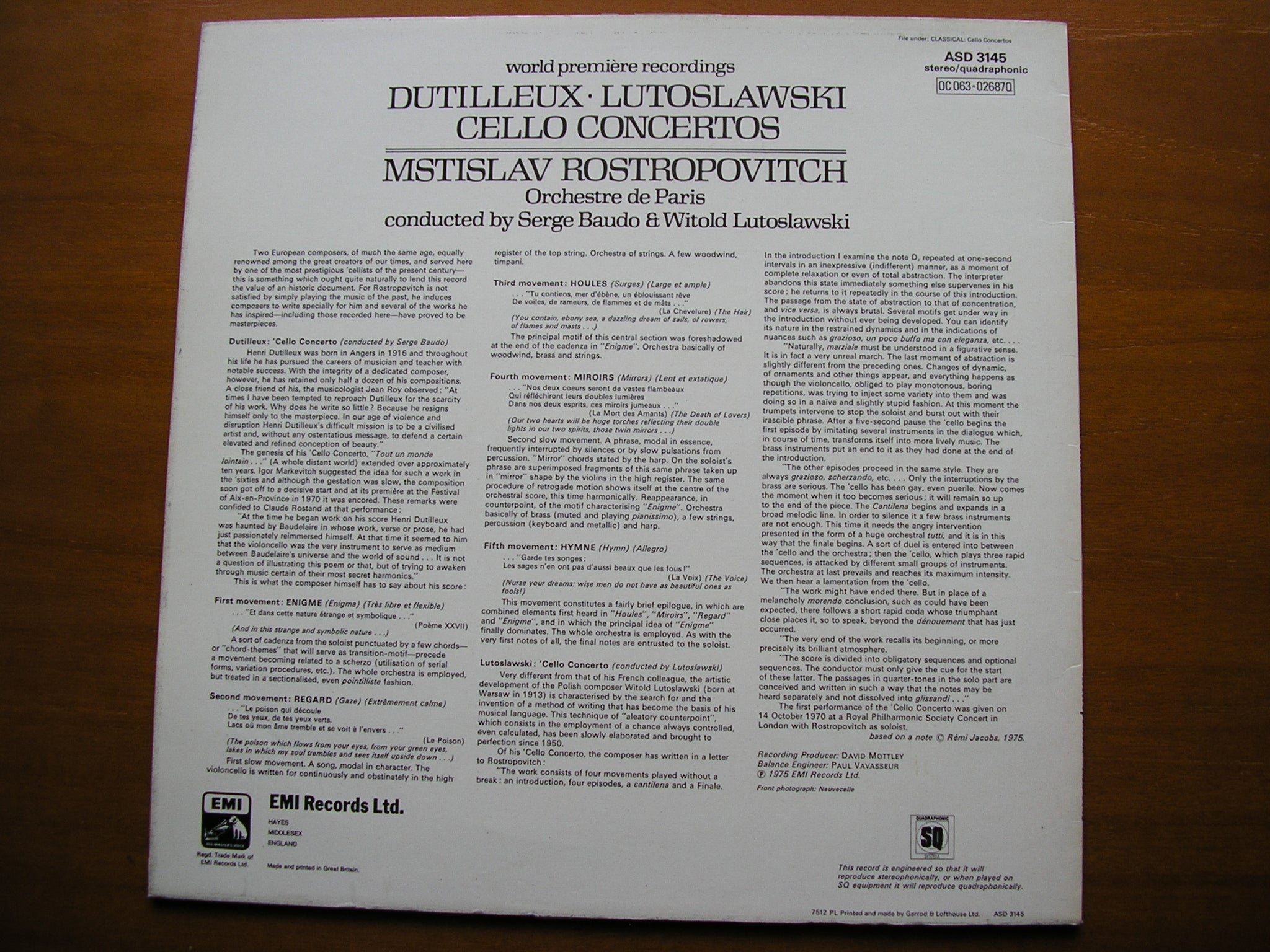 DUTILLEUX & LUTOSLAWSKI: CELLO CONCERTOS      ROSTROPOVICH / ORCHESTRE DE PARIS / DUTILLEUX / LUTOSLAWSKI     ASD 3145
