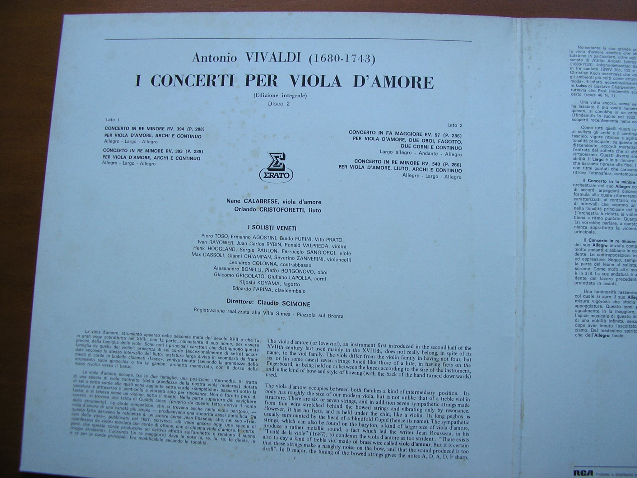 VIVALDI: THE CONCERTOS FOR VIOLA D'AMORE  Volume 2      CALABRESE / I SOLOISTI VENETI / SCIMONE    STU 70827