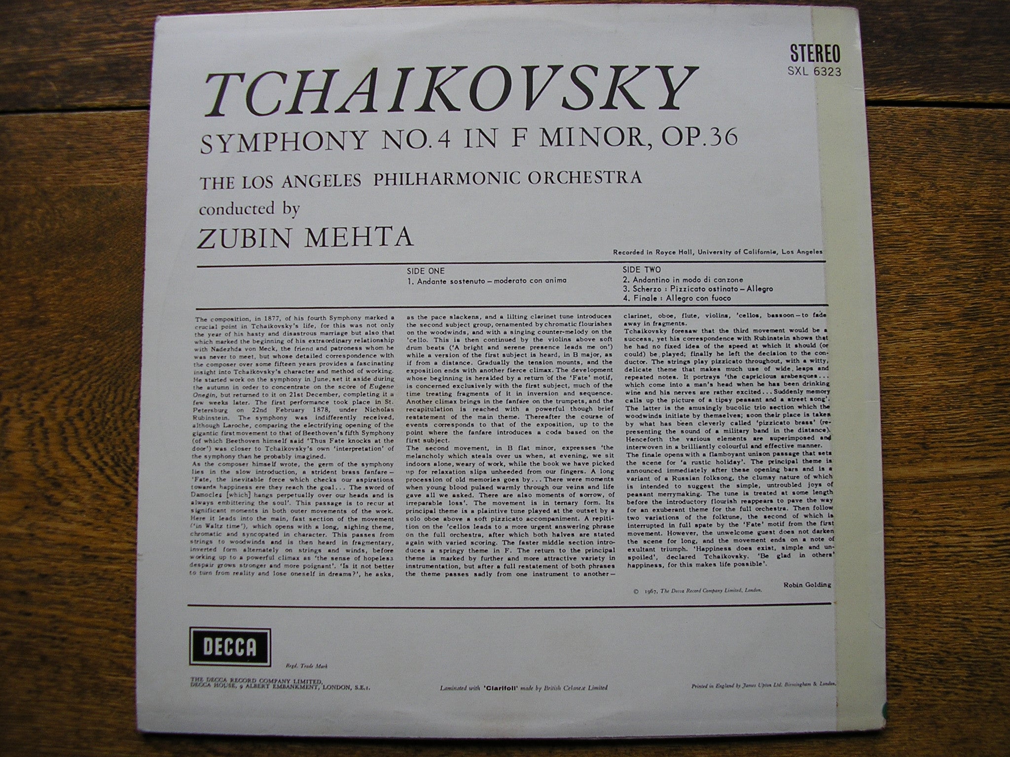 SXL 6323 TCHAIKOVSKY: SYMPHONY No. 4 MEHTA / LOS ANGELES PHILHARMONIC