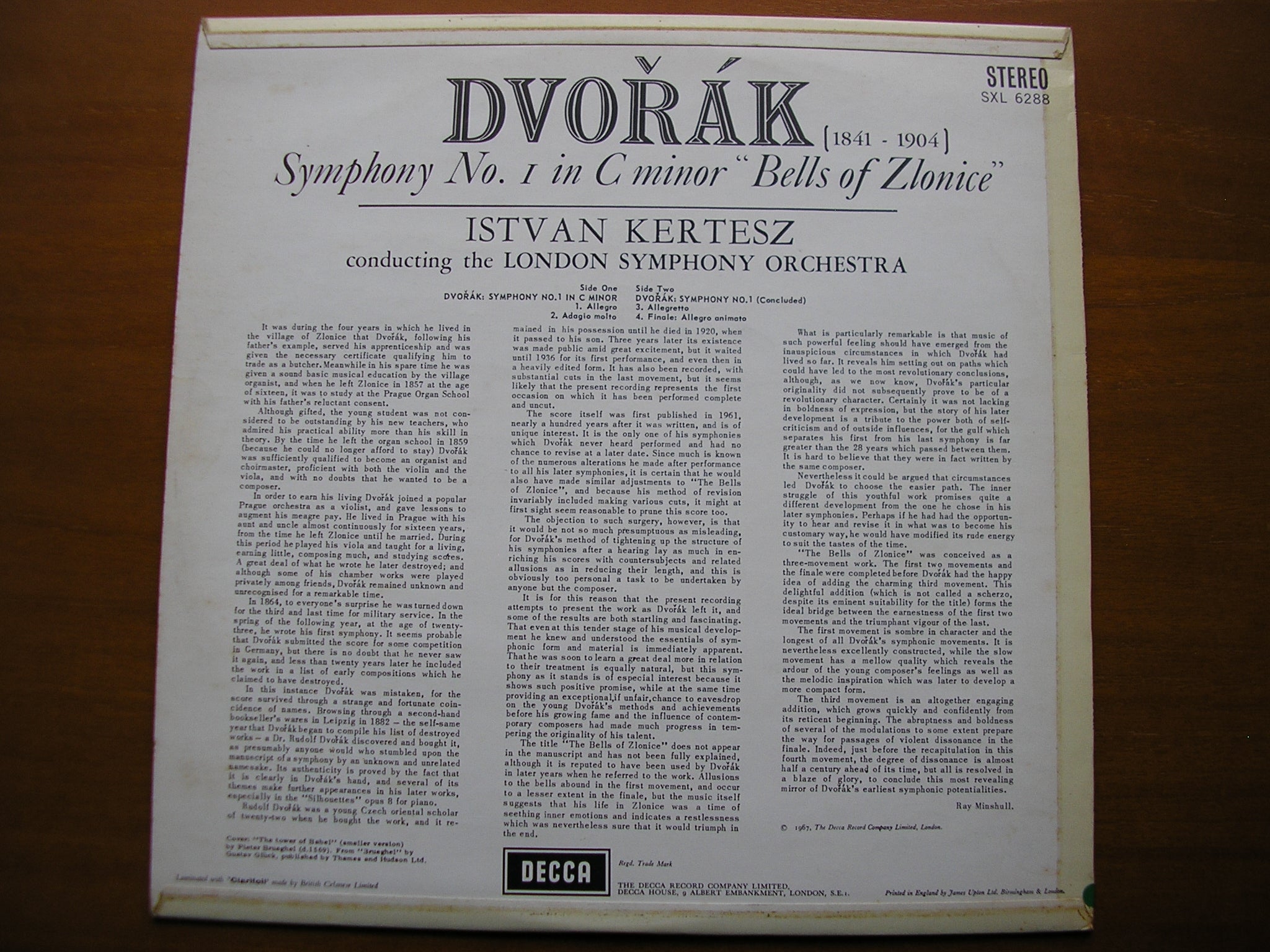 SXL 6288  DVORAK: SYMPHONY No. 1  'Bells of Zlonice'     KERTESZ / LONDON SYMPHONY    ED2