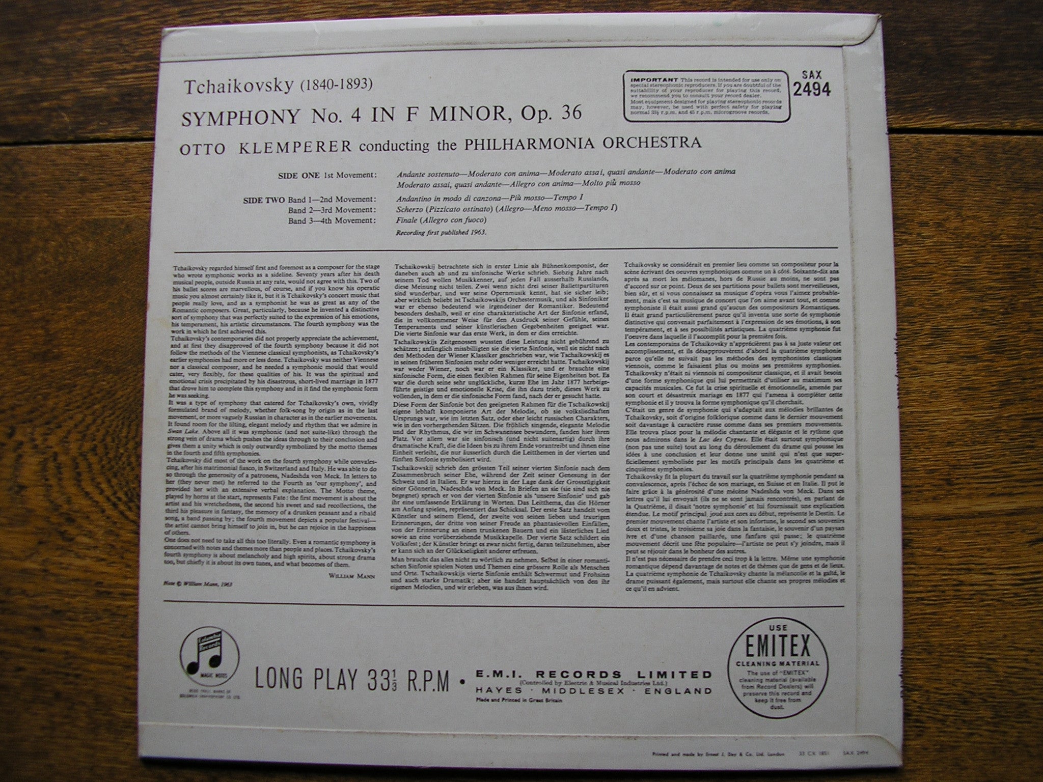 TCHAIKOVSKY: SYMPHONY No. 4  KLEMPERER / PHILHARMONIA ORCHESTRA  SAX 2494