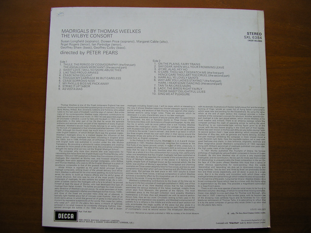 SXL 6384 WEELKES: MADRIGALS      THE WILBYE CONSORT / PEARS      ED3