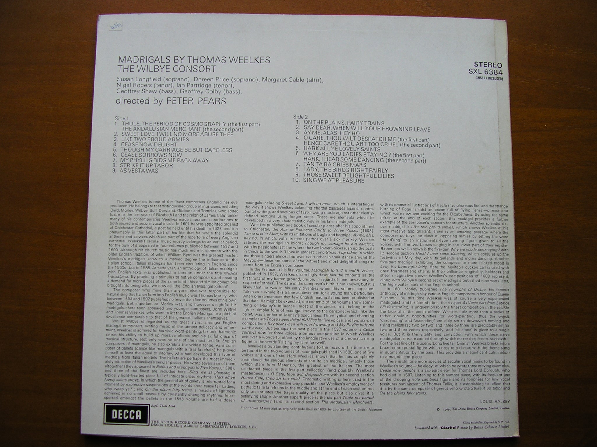 SXL 6384 WEELKES: MADRIGALS      THE WILBYE CONSORT / PEARS      ED3