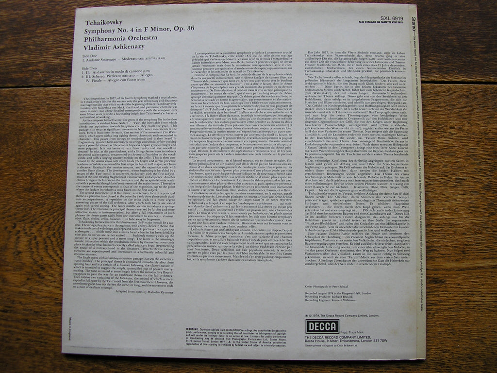 SXL 6919 TCHAIKOVSKY: SYMPHONY No. 4 ASHKENAZY / PHILHARMONIA ORCHESTRA