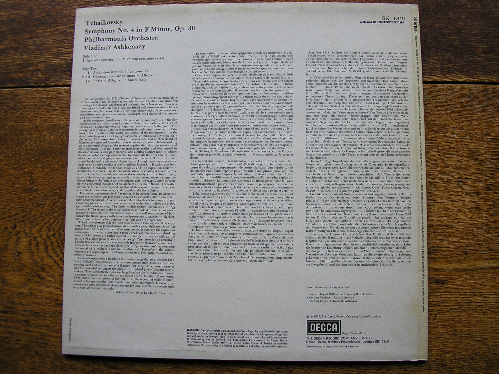 SXL 6919 TCHAIKOVSKY: SYMPHONY No. 4 ASHKENAZY / PHILHARMONIA ORCHESTRA