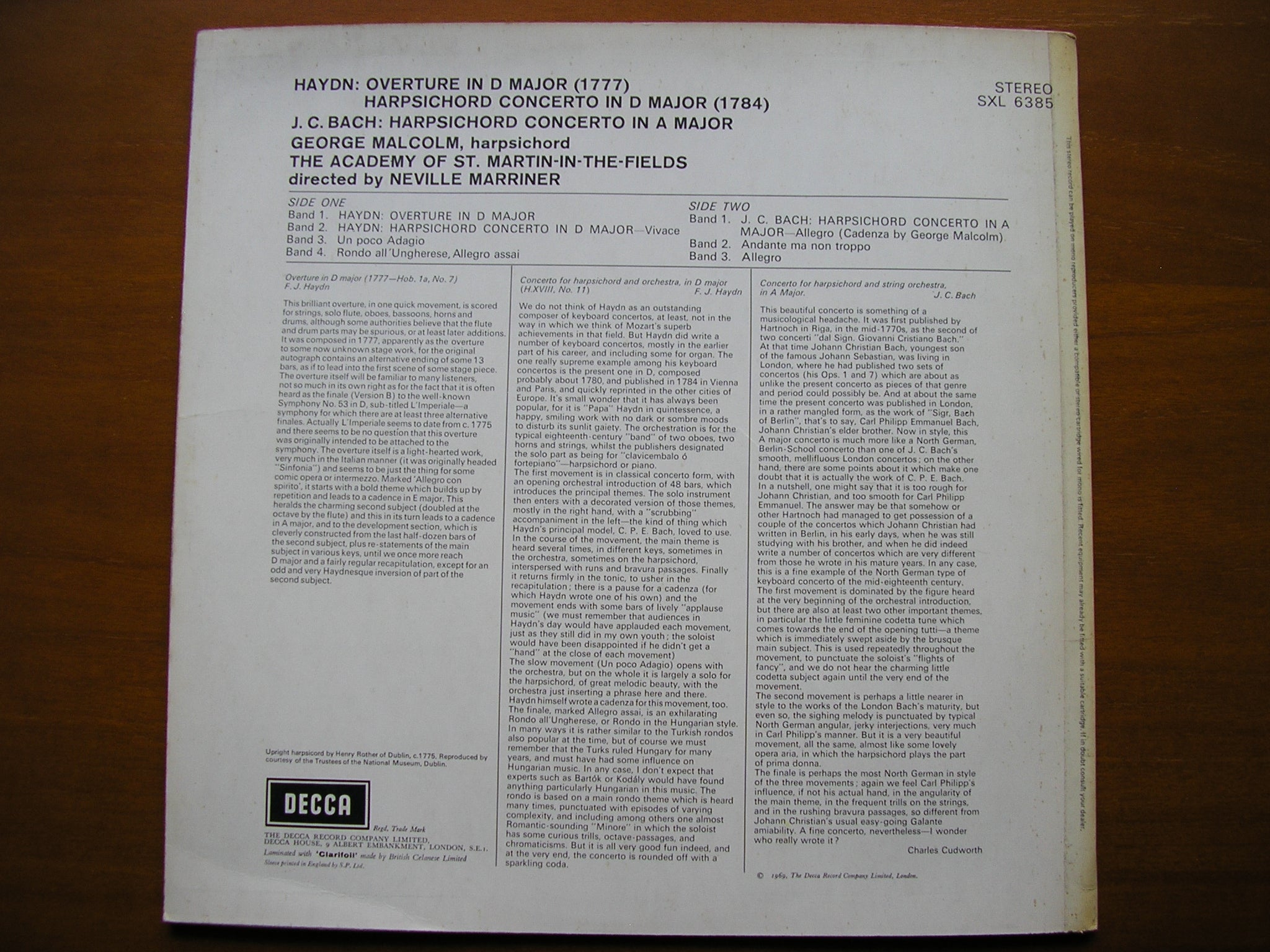 SXL 6385 HAYDN & JC BACH: HARPSICHORD CONCERTOS / OVERTURE in D    MALCOLM / ASMIF / MARRINER     ED3