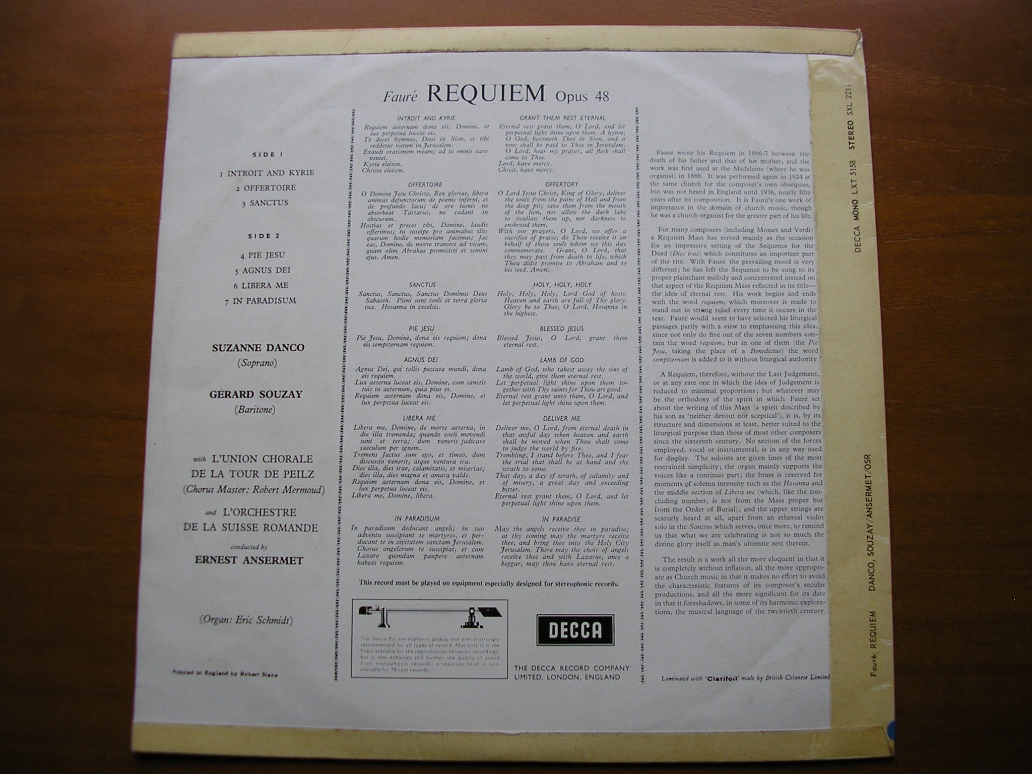 SXL 2211  FAURE: REQUIEM     SUZANNE DANCO / GERARD SOUZAY / SUISSE ROMANDE ORCHESTRA / ANSERMET     ED 1
