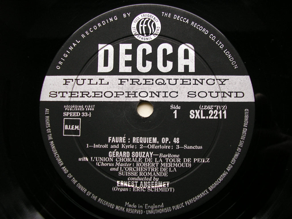 SXL 2211  FAURE: REQUIEM     SUZANNE DANCO / GERARD SOUZAY / SUISSE ROMANDE ORCHESTRA / ANSERMET     ED 1
