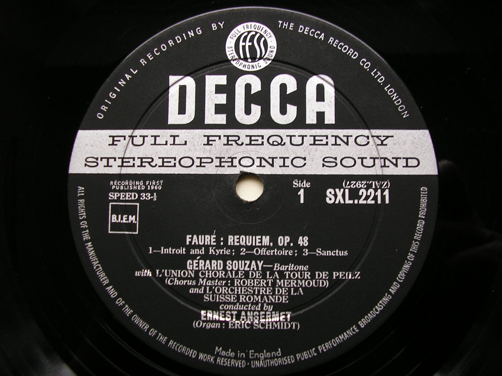 SXL 2211  FAURE: REQUIEM     SUZANNE DANCO / GERARD SOUZAY / SUISSE ROMANDE ORCHESTRA / ANSERMET     ED 1