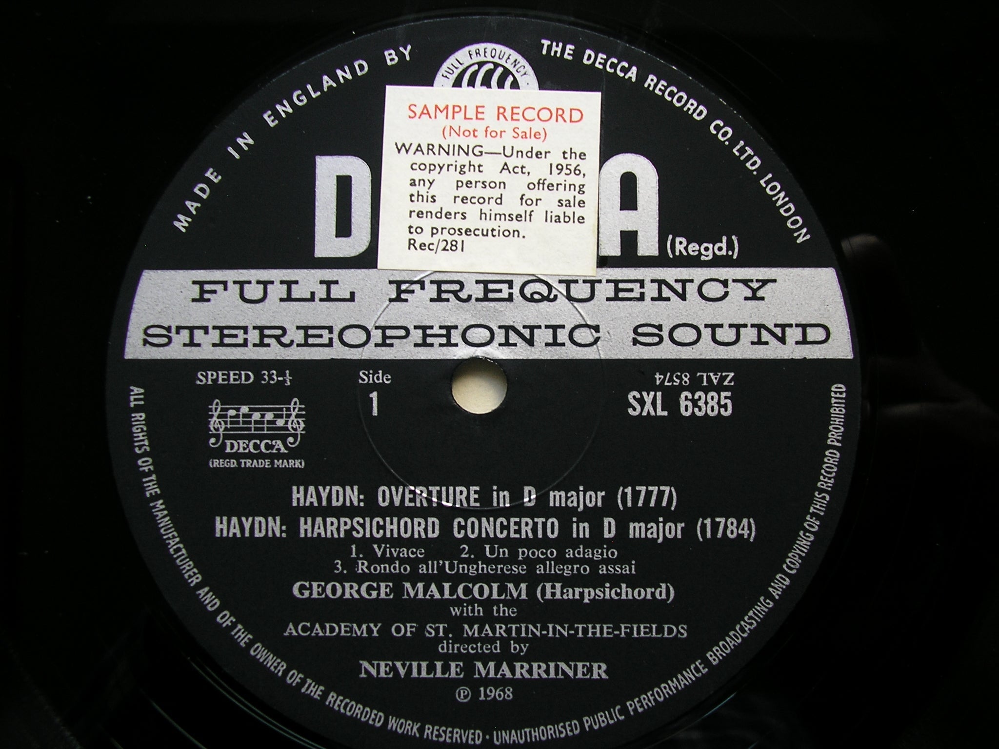 SXL 6385 HAYDN & JC BACH: HARPSICHORD CONCERTOS / OVERTURE in D    MALCOLM / ASMIF / MARRINER     ED3