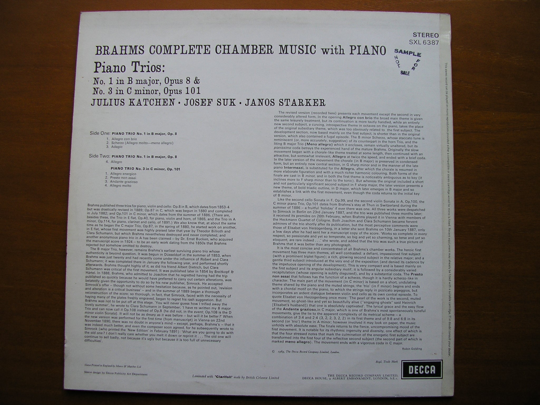 SXL 6387 BRAHMS: PIANO TRIOS Nos. 1 & 3    KATCHEN / SUK / STARKER     ED3