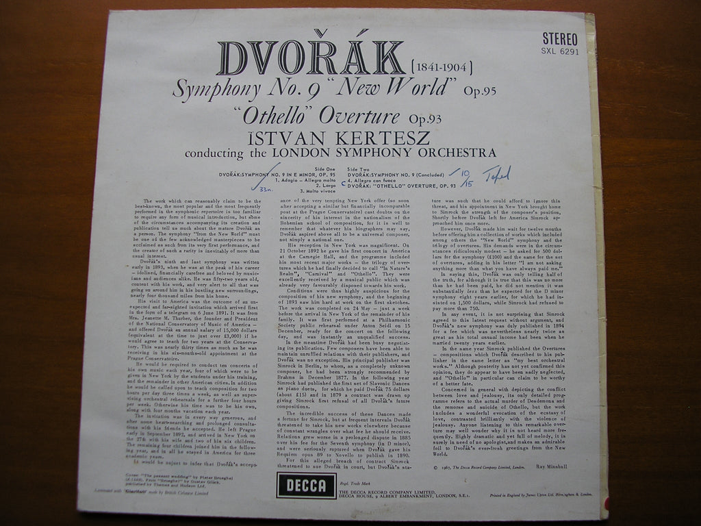 SXL 6291  DVORAK: SYMPHONY No. 9  / OVERTURE Othello      KERTESZ / LONDON SYMPHONY     ED3