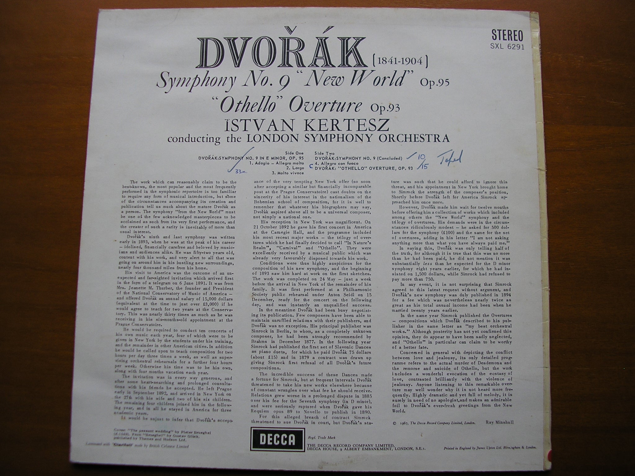 SXL 6291  DVORAK: SYMPHONY No. 9  / OVERTURE Othello      KERTESZ / LONDON SYMPHONY     ED3