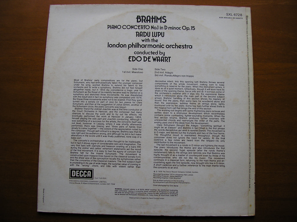 BRAHMS: PIANO CONCERTO No. 1     LUPU / LONDON PHILHARMONIC / DE WAART     SXL 6728