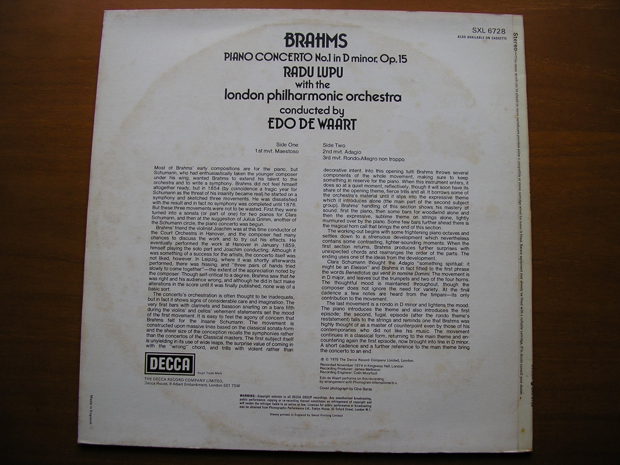 BRAHMS: PIANO CONCERTO No. 1     LUPU / LONDON PHILHARMONIC / DE WAART     SXL 6728