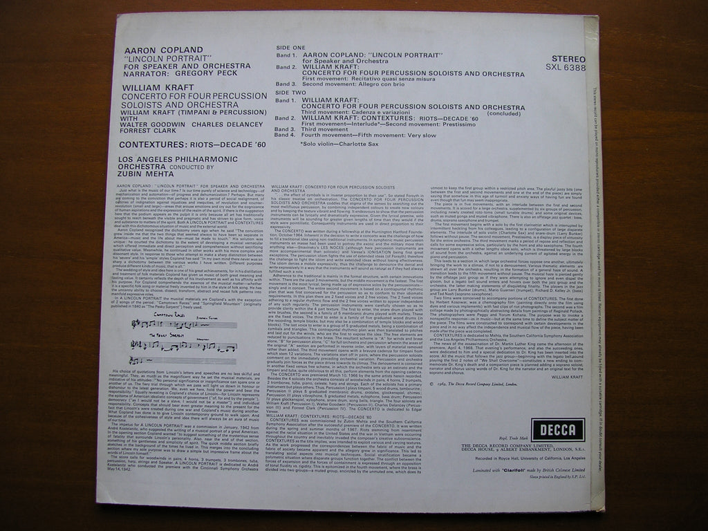 SXL 6388 COPLAND: LINCOLN PORTRAIT / KRAFT: CONCERTO     PECK / LOS ANGELES PHILHARMONIC / MEHTA     ED3