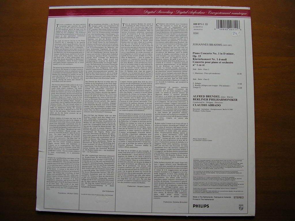 BRAHMS: PIANO CONCERTONo. 1      BRENDEL / BERLIN PHILHARMONIC / ABBADO      420 071