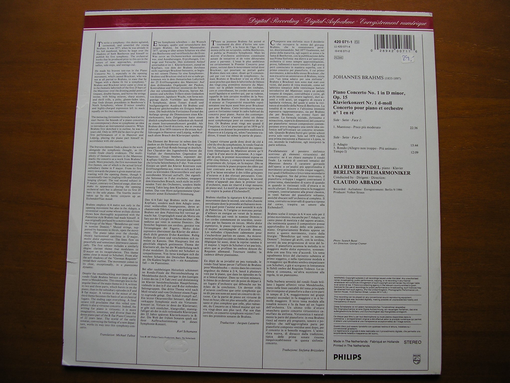 BRAHMS: PIANO CONCERTONo. 1      BRENDEL / BERLIN PHILHARMONIC / ABBADO      420 071