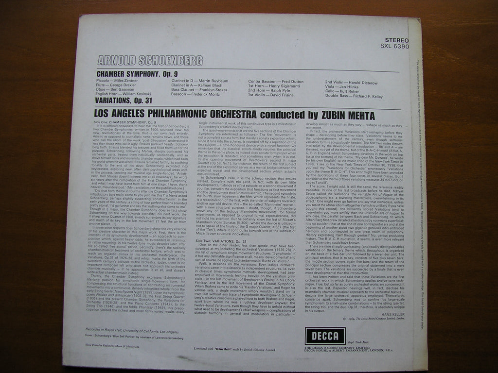 SXL 6390 SCHOENBERG: CHAMBER SYMPHONY Op. 9 / VARIATIONS Op. 31       MEHTA / LOS ANGELES PHILHARMONIC       ED3