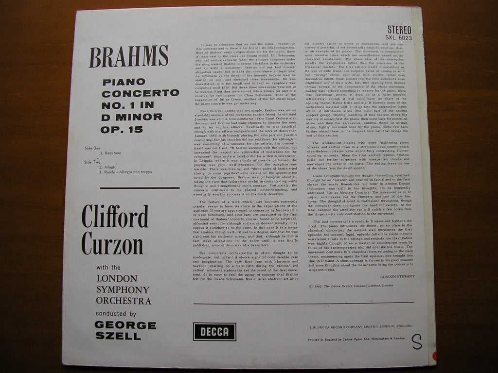 BRAHMS: PIANO CONCERTO No. 1        CURZON / LONDON SYMPHONY / SZELL     SXL 6023