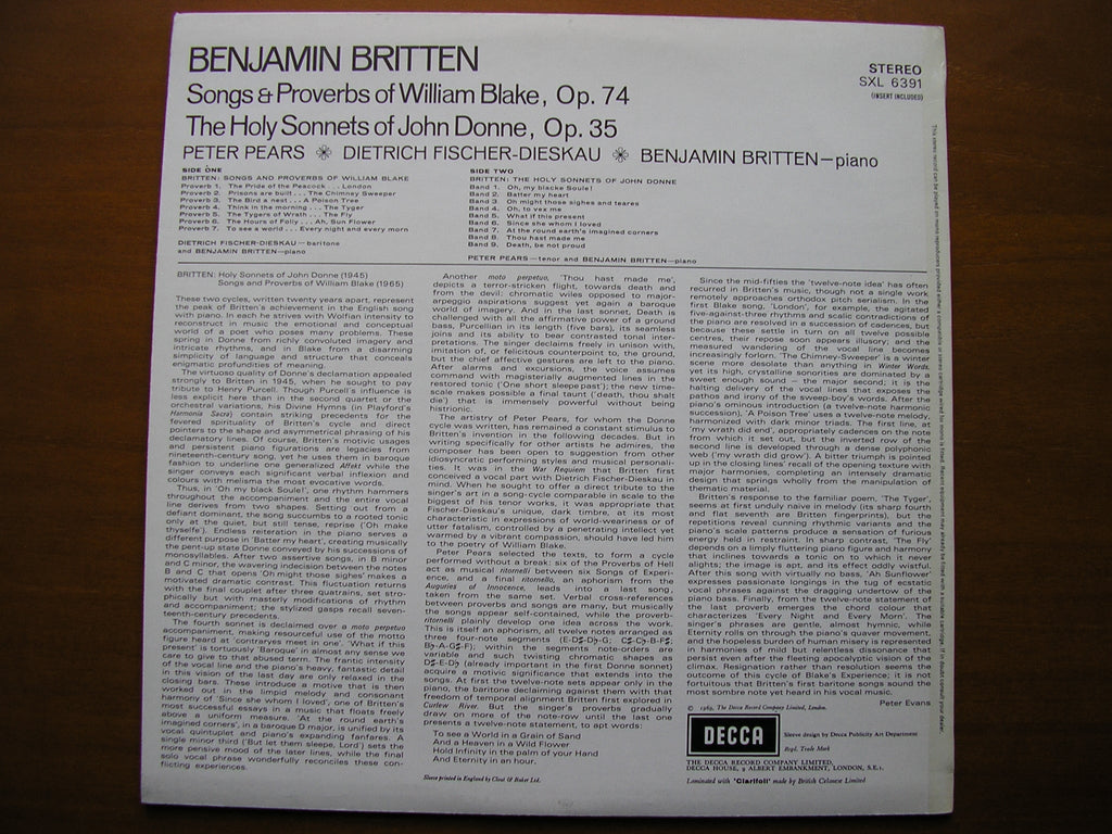 SXL 6391 BRITTEN: SONGS ON TEXTS BY WILLIAM BLAKE & JOHN DONNE     FISCHER-DIESKAU / PEARS / BRITTEN       ED3