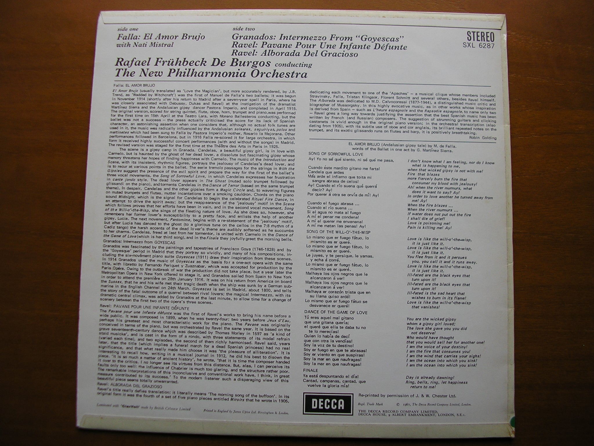 SXL 6287  FALLA / GRANADOS / RAVEL: ORCHESTRAL WORKS      DE BURGOS / NEW PHILHARMONIA    ED2