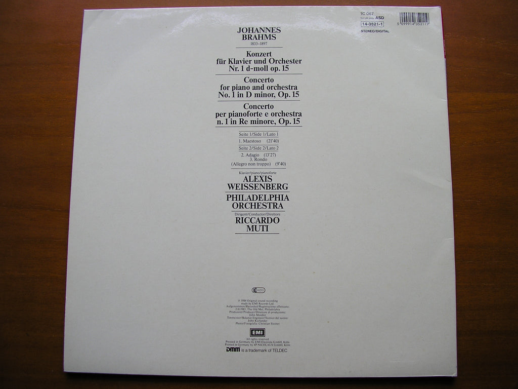 BRAHMS: PIANO CONCERTO No. 1       WEISSENBERG / PHILHADELPHIA ORCHESTRA / MUTI    ASD 143521