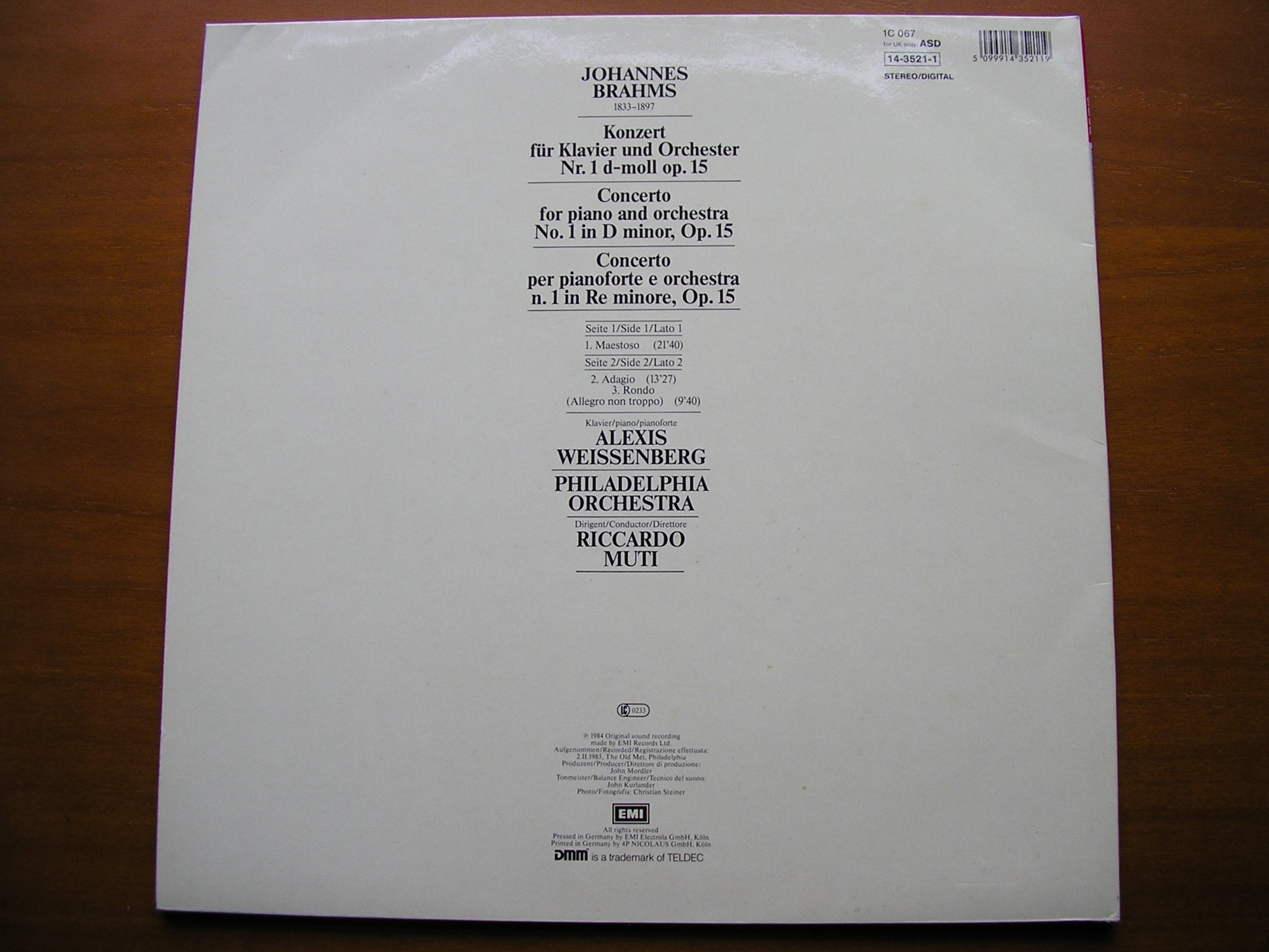 BRAHMS: PIANO CONCERTO No. 1       WEISSENBERG / PHILHADELPHIA ORCHESTRA / MUTI    ASD 143521