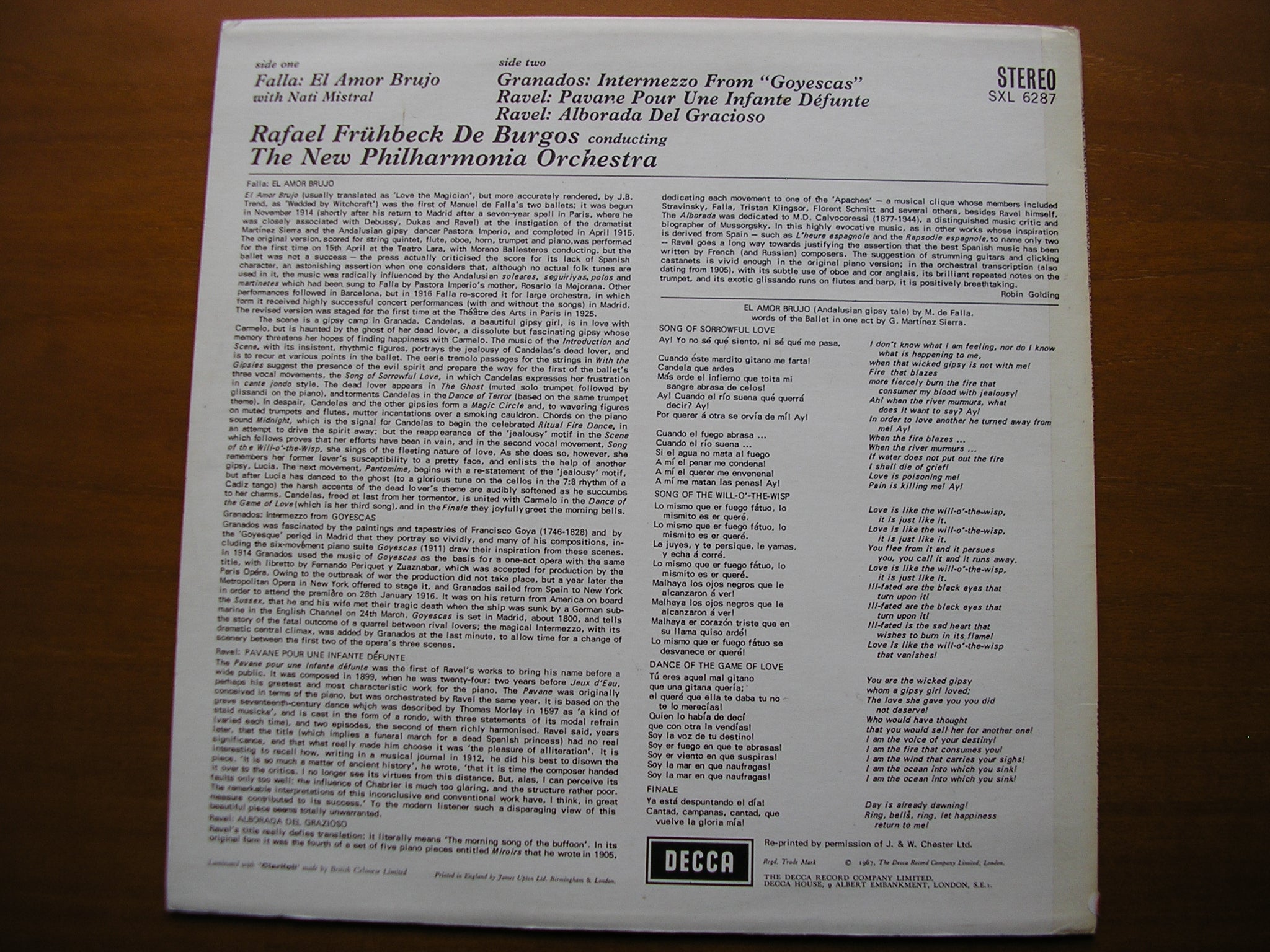 SXL 6287  FALLA / GRANADOS / RAVEL: ORCHESTRAL WORKS       DE BURGOS / NEW PHILHARMONIA    ED3