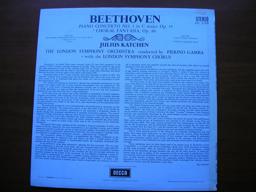 BEETHOVEN: PIANO CONCERTO No. 1 / CHORAL FANTASIA      KATCHEN / LONDON SYMPHONY / GAMBA     SXL 6189