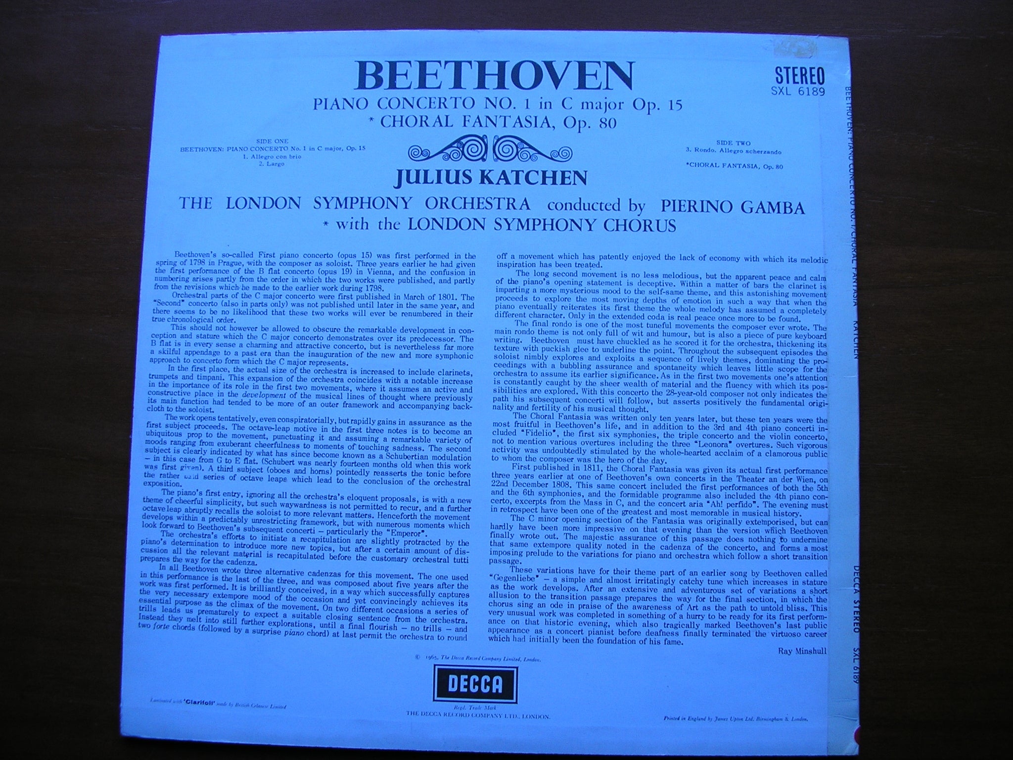 BEETHOVEN: PIANO CONCERTO No. 1 / CHORAL FANTASIA      KATCHEN / LONDON SYMPHONY / GAMBA     SXL 6189