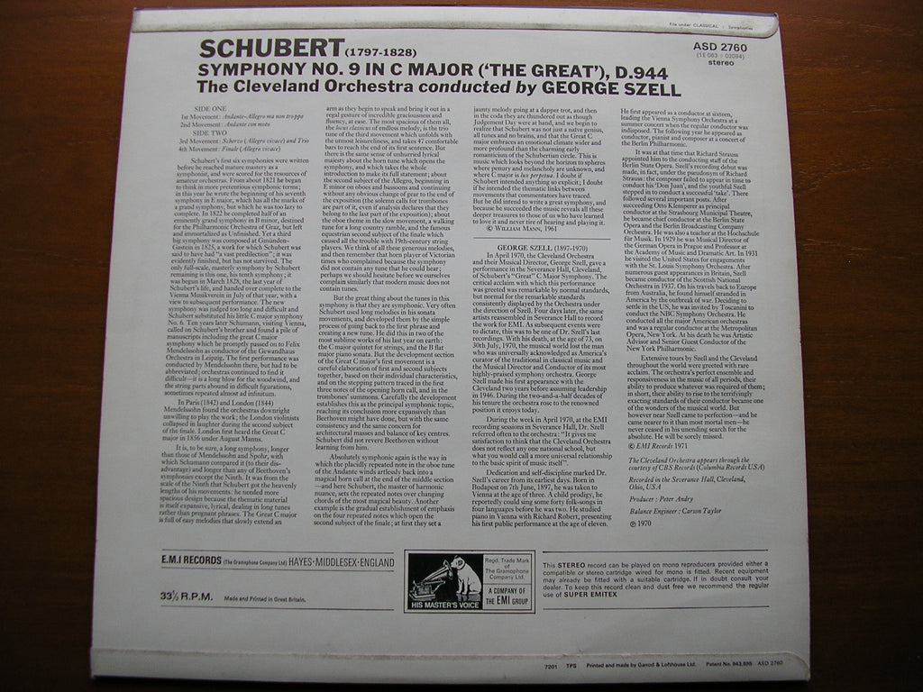 SCHUBERT: SYMPHONY No. 9  'Great C Major'   SZELL / CLEVELAND ORCHESTRA   ASD 2760