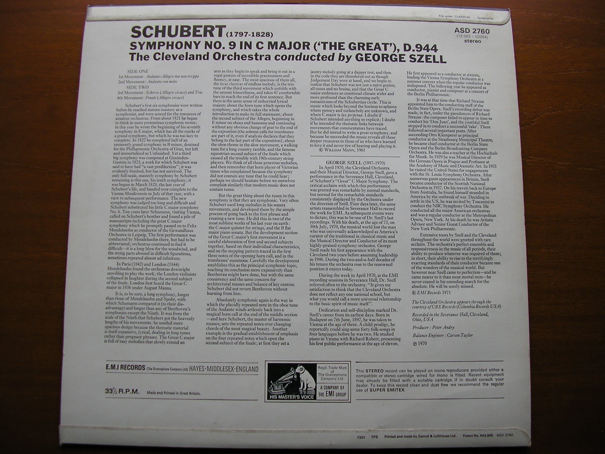 SCHUBERT: SYMPHONY No. 9  'Great C Major'   SZELL / CLEVELAND ORCHESTRA   ASD 2760
