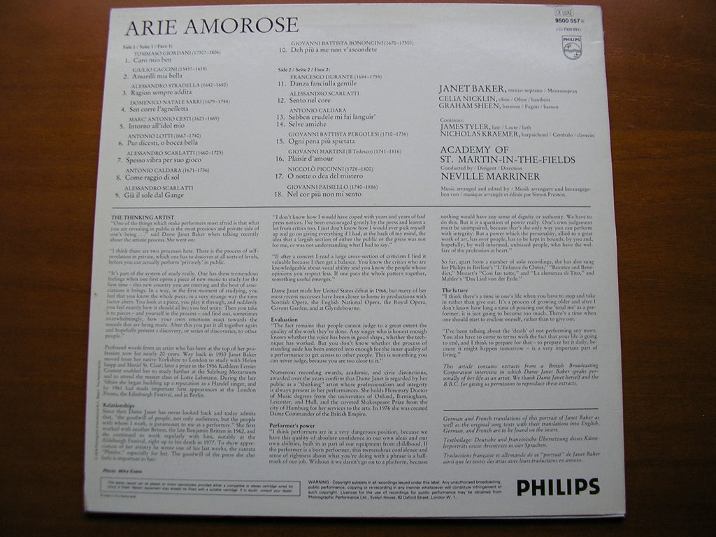 ARIE AMOROSE: CACCINI / CALDARA / PERGOLESI / PICCINNI / CESTI / GIORDANI      JANET BAKER / ASMIF / MARRINER     9500 557