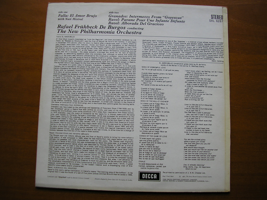 SXL 6287  FALLA / GRANADOS / RAVEL: ORCHESTRAL WORKS      DE BURGOS / NEW PHILHARMONIA      ED4