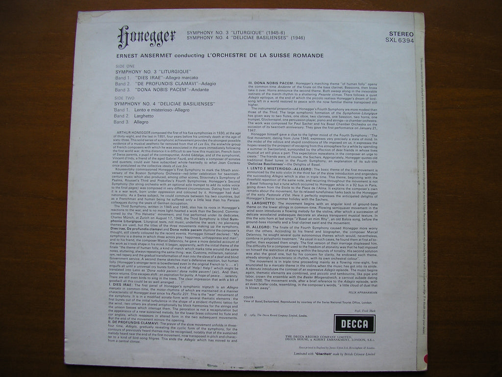 SXL 6394: HONEGGER: SYMPHONIES Nos. 3 & 4      ANSERMET / SUISSE ROMANDE      ED3