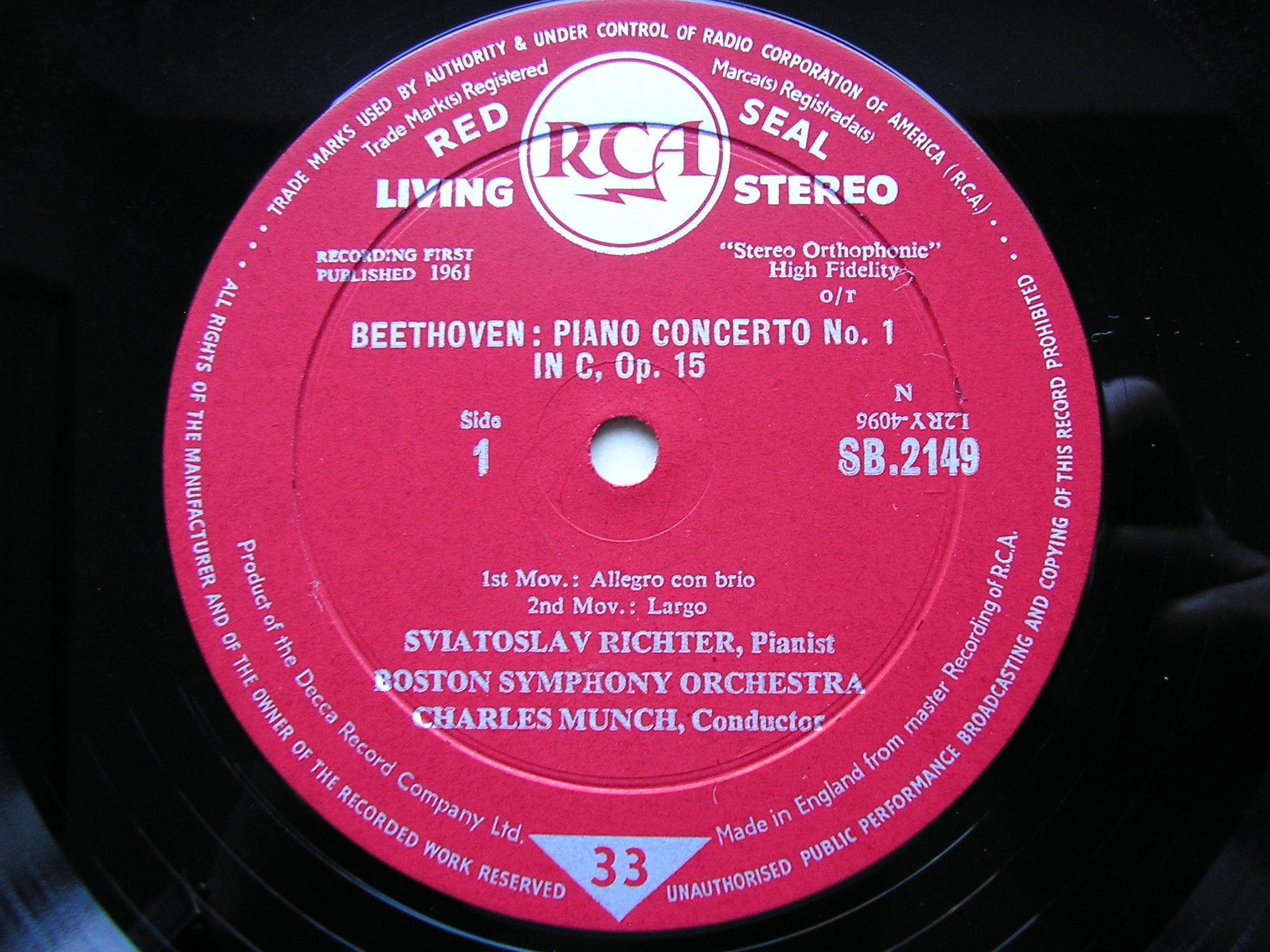 BEETHOVEN: PIANO CONCERTO No. 1 / SONATA Op. 54      RICHTER / BOSTON SYMPHONY / MUNCH      SB 2149