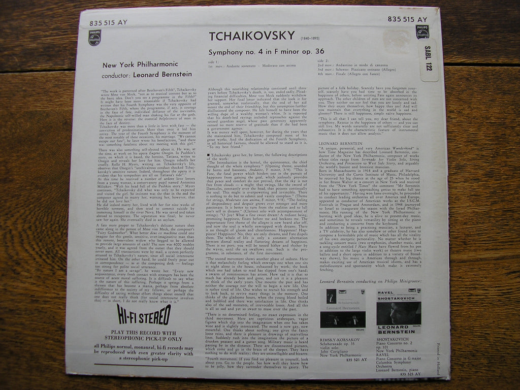 TCHAIKOVSKY: SYMPHONY No. 4  BERNSTEIN / NEW YORK PHILHARMONIC  SABL 122