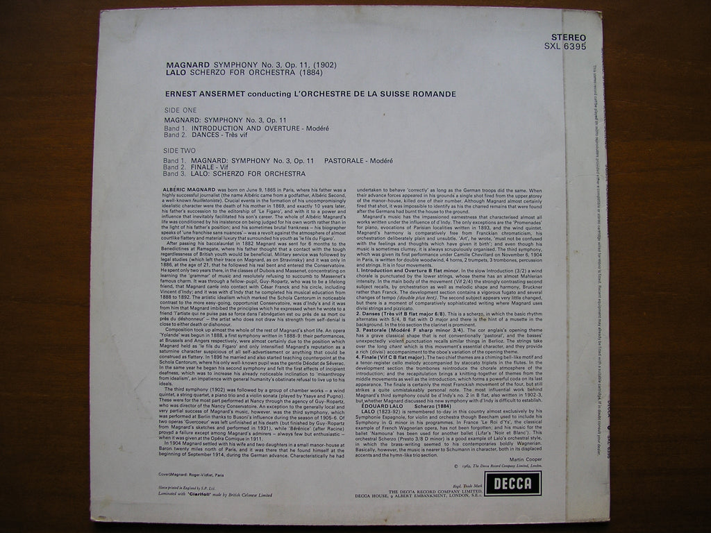 SXL 6395 MAGNARD: SYMPHONY No. 3 / LALO: SCHERZO     ANSERMET / SUISSE ROMANDE      ED3