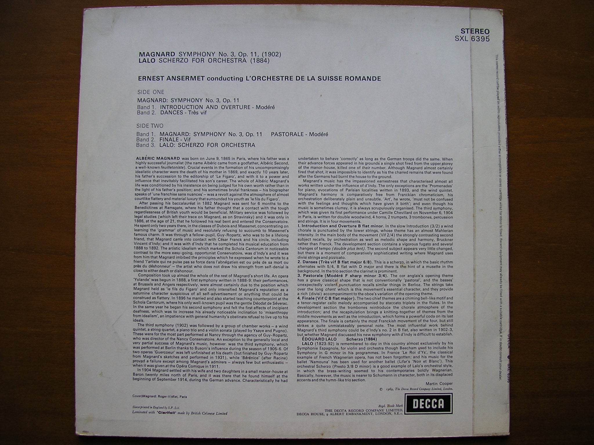 SXL 6395 MAGNARD: SYMPHONY No. 3 / LALO: SCHERZO     ANSERMET / SUISSE ROMANDE      ED3