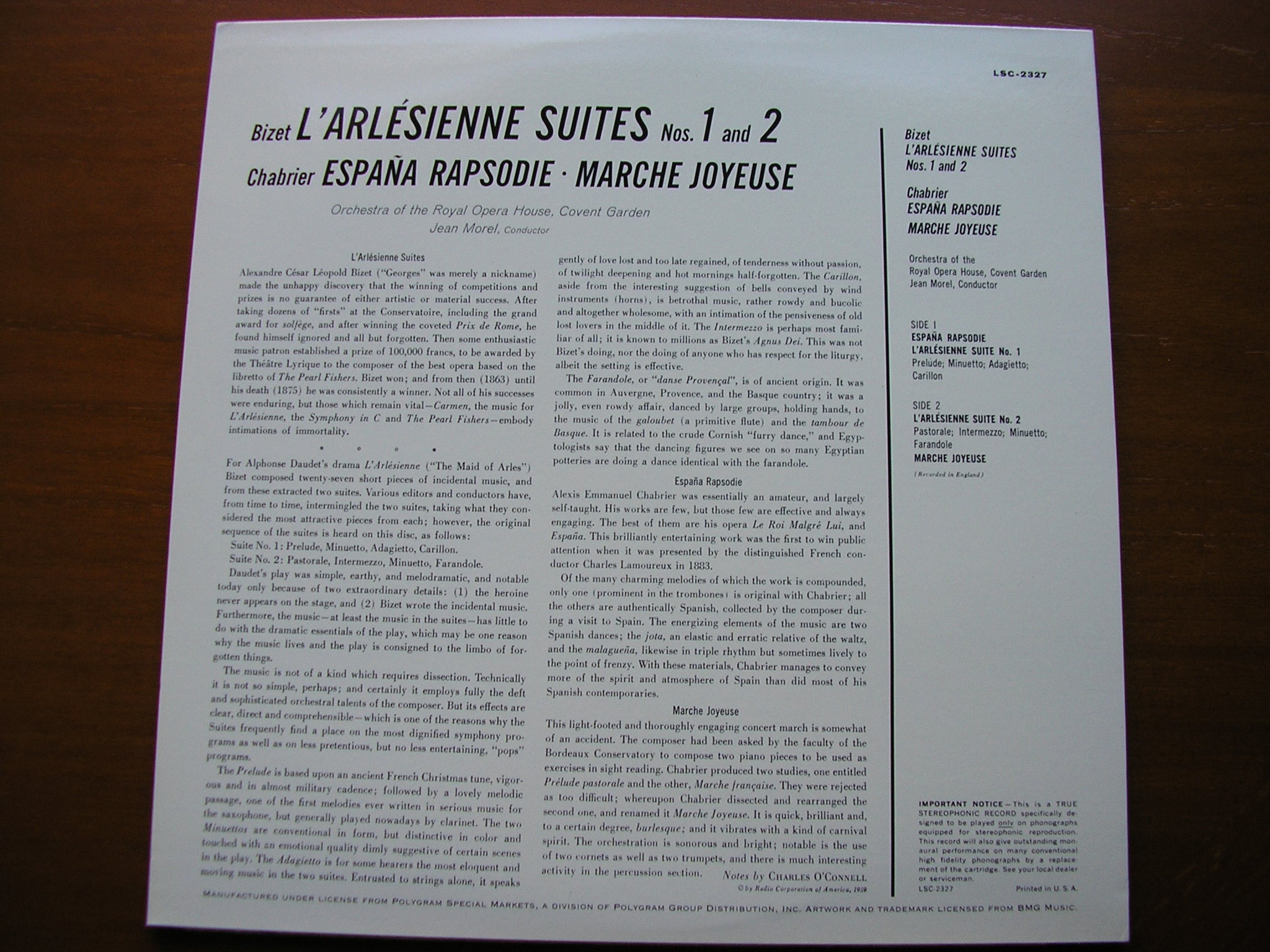 BIZET: L'ARLESIENNE Suites Nos. 1 & 2 / CHABRIER: ESPANA / MARCHE JOYEUSE    JEAN MOREL / OROHCG     LSC 2327