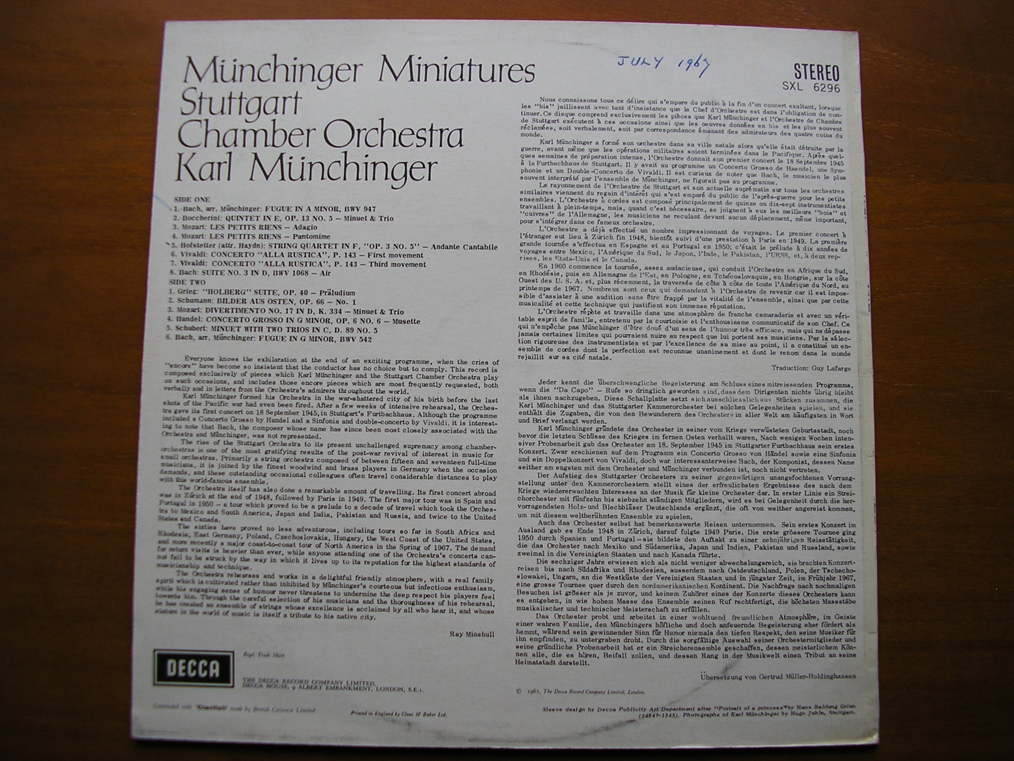 SXL 6296  MUNCHINGER MINIATURES: ENCORE PIECES     MUNCHINGER / STUTTGART CHAMBER ORCHESTRA    ED2