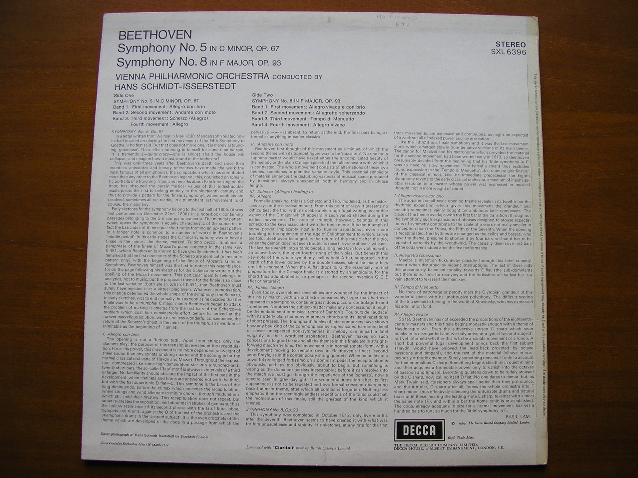 SXL 6396 BEETHOVEN: SYMPHONIES Nos. 5 & 8      SCHMIDT-ISSERSTEDT / VIENNA PHILHARMONIC      ED3