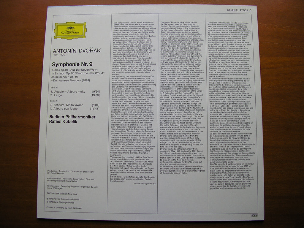 DVORAK: SYMPHONY No. 9      KUBELIK / BERLIN PHILHARMONIC      2530 415