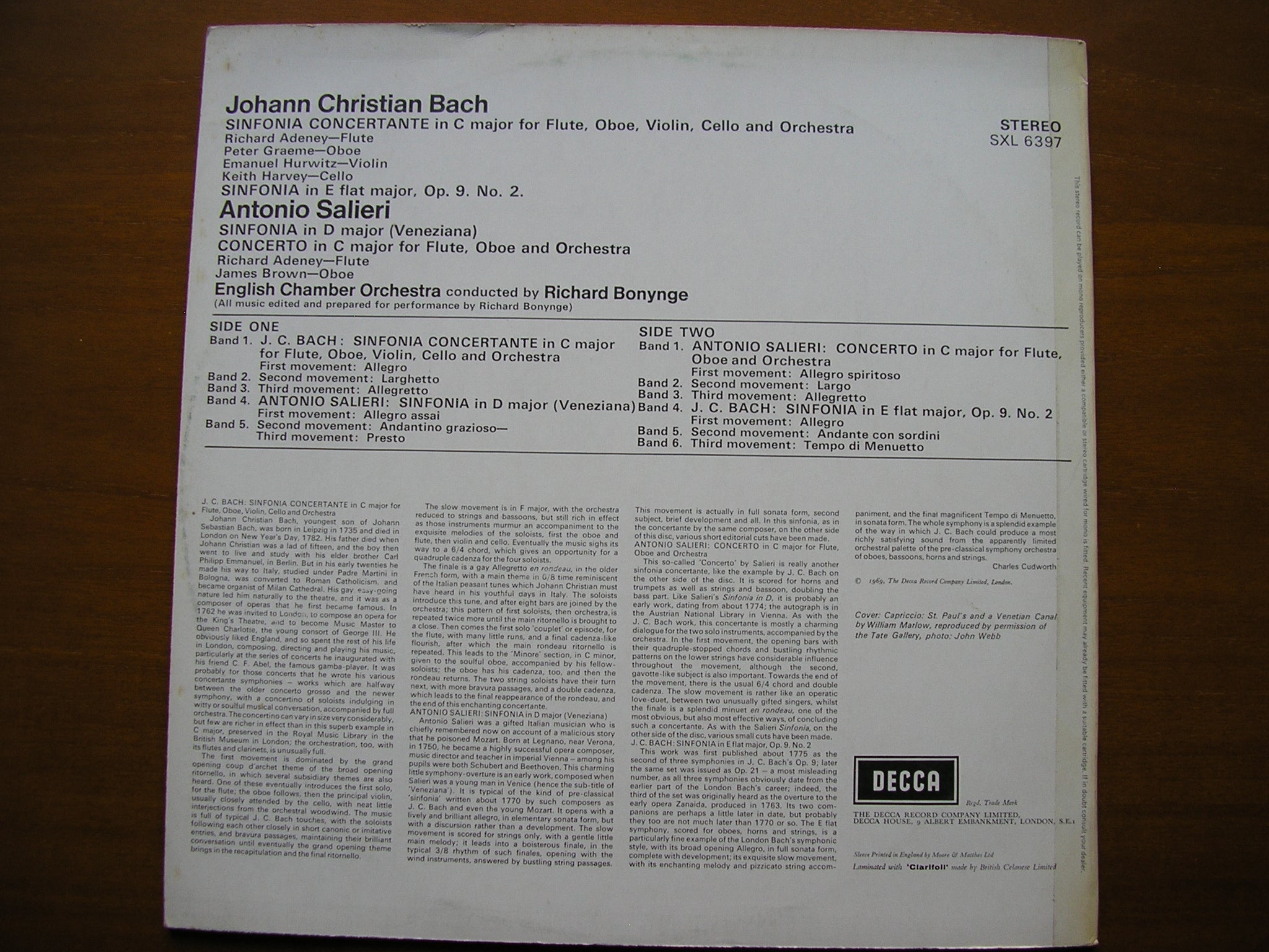 SXL 6397 JC BACH / SALIERI: ORCHESTRAL MUSIC     BONYNGE / ENGLISH CHAMBER ORCHESTRA      ED3
