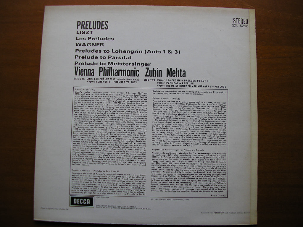 SXL 6298  LISZT: LES PRELUDES / WAGNER: PRELUDES to Lohengrin / Parsifal / Meistersinger       MEHTA / VIENNA PHILHARMONIC    ED2